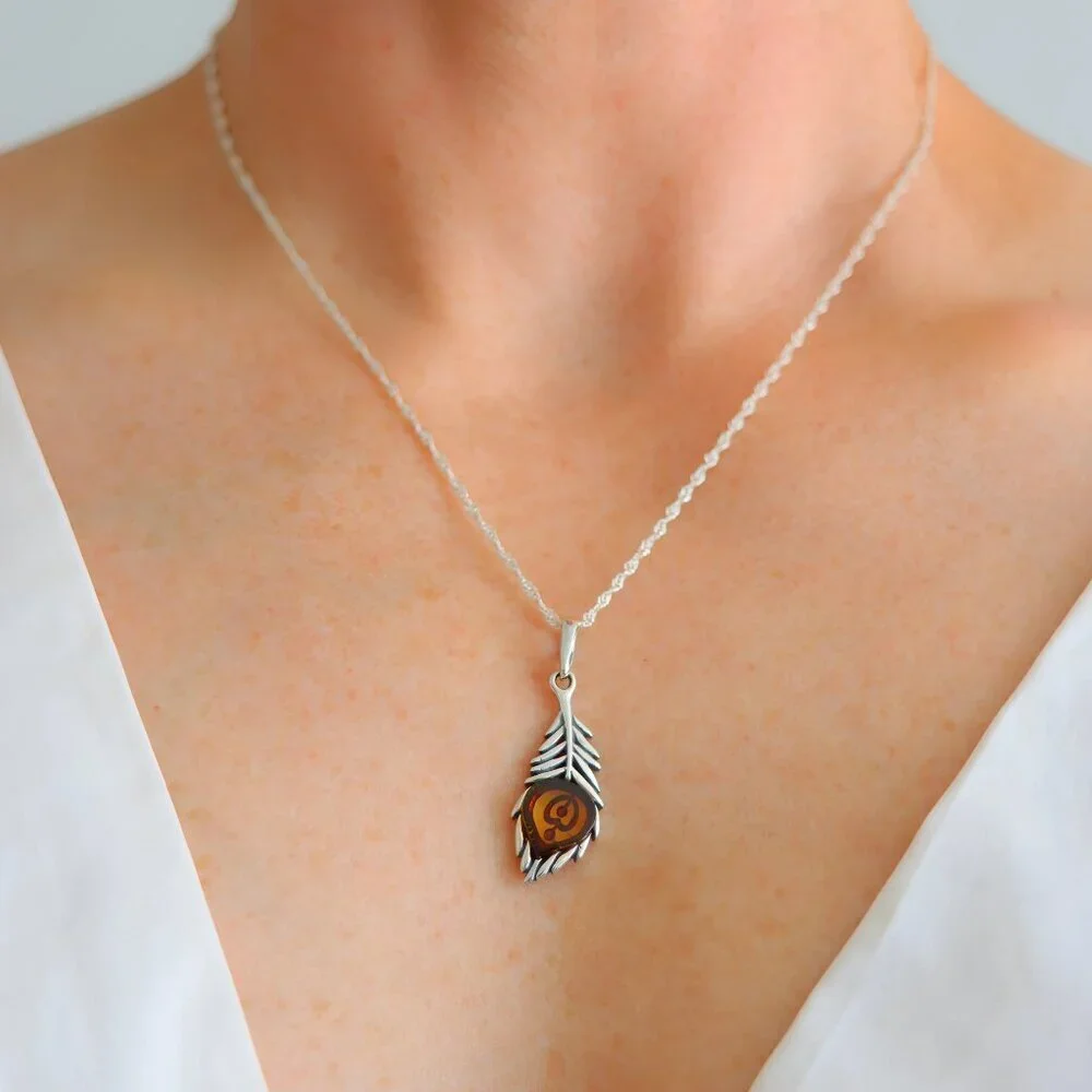 Silver Feather Pendant -Baltic Amber Necklace -s925